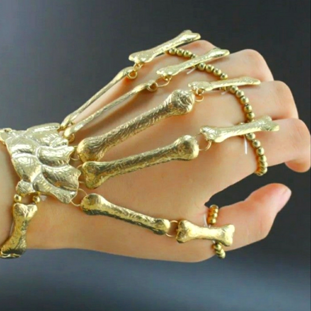 Golden skeleton bones ring mitten